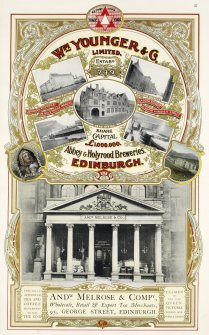 Advertisement for William Younger & Co Abbey and Holyrood Breweries, Edinburgh, and Andrew Melrose & Co tea merchant, Edinburgh.