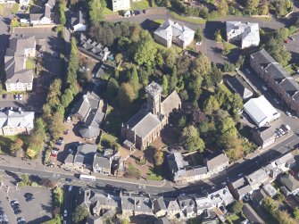Oblique aerial view of St Bride's Collegiate Church Bothwell, taken from the SW.
