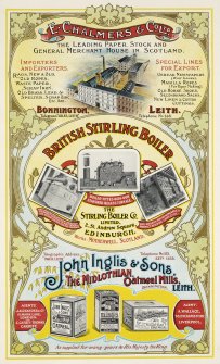 Advertisement for E Chalmers & Co Ltd, Bonnington, Leith, British Stirling Boiler, St Andrew Square Square, Edinburgh and John Inglis & Sons The Midlothian Oatmeal Mills, Bonnington, Leith