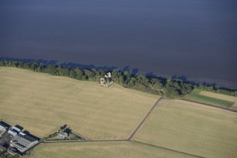 Oblique aerial view of Ballindreich Castle, taken from the SE.