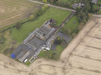 Oblique aerial view of Benvie Farm Buildings, taken from the W.