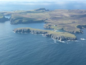 General oblique aerial view of North Haven Harbour, Fair Isle, looking SW.