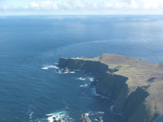 General oblique aerial view of Skroo Lighthouse, Fair Isle, looking SE.