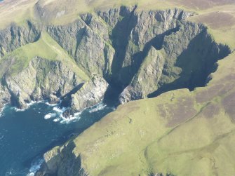 General oblique aerial view of Ler Ness, Fair Isle, looking NE.