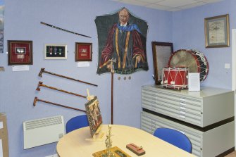 Interior. General view of library looking towards banner portrait and drums.