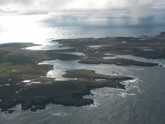 General oblique aerial view of Papa Stour, looking SW.