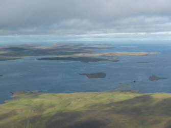 General oblique aerial view of Oddsta Ferry Terminal, Fetlar, looking NNE.