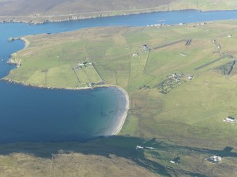 General oblique aerial view of St Marys Chapel and Haa of Sand, looking W.