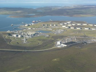 General oblique aerial view of Sullom Voe Oil Terminal, looking W.