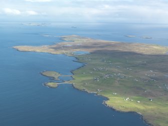 Oblique aerial view of Brough, Whalsay, looking NE.