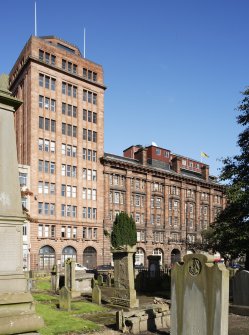 View looking across The Howff towards DC Thomson's Courier building on Meadowside