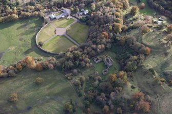 Oblique aerial view of Mavisbank House and policies, looking NNW.