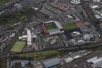 Oblique aerial view of Tynecastle Park Stadium, looking SSW.