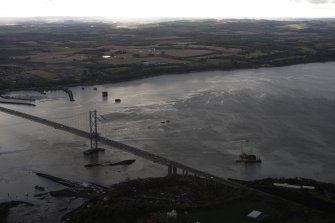 Oblique aerial view of the bridge works, looking W.