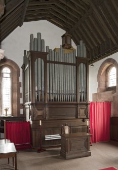 Interior. View of organ at west end of north aisle