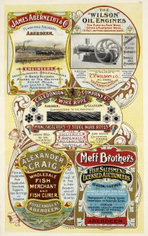 Advertisement for James Abernethy & Co Ferryhill Foundry, Aberdeen, The Wilson Oil Engines, Aberdeen, Caledonian Company Ltd, Airdrie, Glasgow, Alexander Craig, Wholesale Fish Merchant and Fish Curer, Poynernook Road, Aberdeen and Meff Brothers Fish Salesman & Licensed Auctioneers, Aberdeen