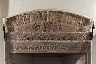 Delgatie Castle, 1st floor mezzanine. 'Solar'/ library. Carved lintel above fireplace. 'My Hoyp Is In Ye Lord'