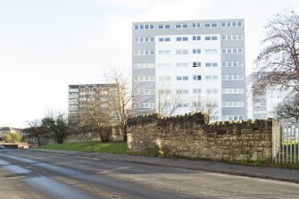 General view of the perimeter walls of the former Maryhill Barracks site, taken on Kelvindale Road from the west.