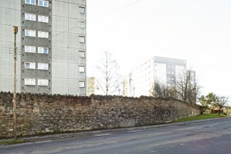 General view of the perimeter walls of the former Maryhill Barracks site, taken on Kelvindale Road from the east.