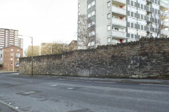 General view of the perimeter walls of the former Maryhill Barracks site, taken on Kelvindale Road from the west.