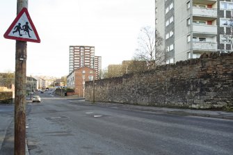 General view of the perimeter walls of the former Maryhill Barracks site, taken on Kelvindale Road from the west.