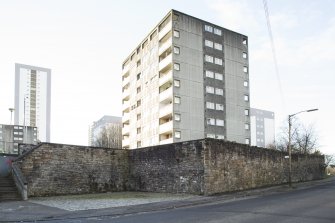 General view of the perimeter walls of the former Maryhill Barracks site, taken on Kelvindale Road from the north.