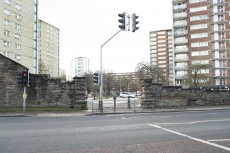 Detail of the gate piers within the perimeter walls of the former Maryhill Barracks site on Maryhill Road.