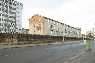 General view of the perimeter walls of the former Maryhill Barracks site, taken on Garioch Road from the south.