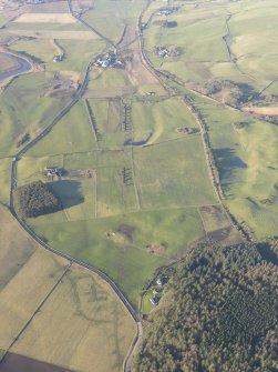 Oblique aerial view of the archaeological evaluation trenches in advance of the A75 Dunragit Bypass construction.