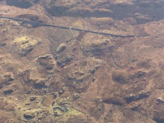 Oblique aerial view of the buildings and field boundaries, looking SSE.