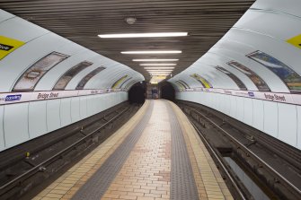 Interior. View looking along the island platform of Bridge Street subway station