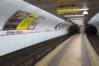 Interior. View looking along the island platform and outer circle track of Bridge Street subway station