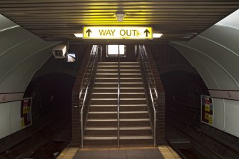 Interior. View of main staircase to platform level, with flanking tunnel openings, within Bridge Street subway station