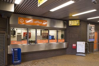 Interior. View of ticket office within Bridge Street subway station