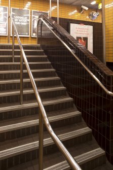 Interior. View looking up main staircase linking platform and concourse levels within Kinning Park subway station