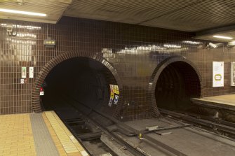 Interior view of tracks and tiled tunnel openings within Govan Cross Subway Station, 771-5 Govan Road, Glasgow.