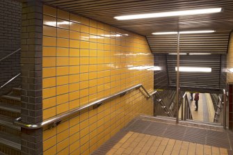 Interior. View looking down from mid-landing of main staircase towards platform of Kelvinhall subway station