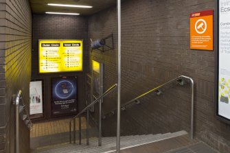 Interior. View looking down  main stair of Kelvinhall subway station from concourse level