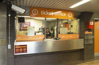 Interior. View of ticket office within Kelvinhall subway station