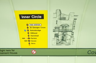 Detail view of the network map and mural on the tunnel walls of Cowcaddens subway station