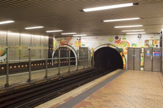 View looking across platforms and tracks of Buchanan Street subway station towards tunnel openings and fire exits