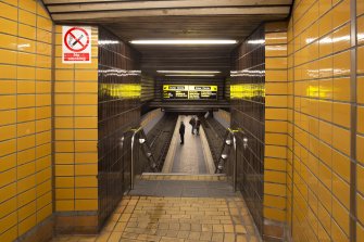View looking down main stair of Cessnock subway station towards platform level