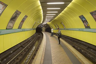 View looking along the island platform and tracks of West Street subway station
