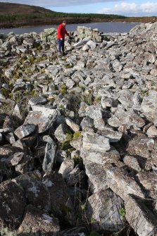 View of NE part of broch interior showing NE wall of later building. Taken from the SE.