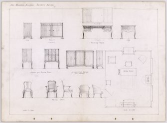 Design for Sir Michael Nairn's private room with plan of furniture in situ
Including cabinet, writing table, file cabinet and writing chairs