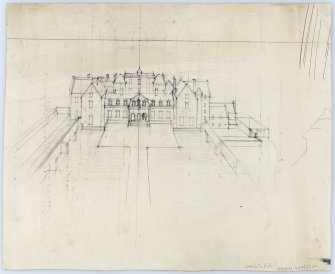 Elevated perspective of front and courtyard as proposed, Kinneil House, Bo'ness.