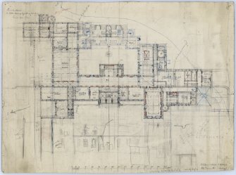Ground floor plan as existing with proposed plan in pencil; sketch elevation of proposed East front.