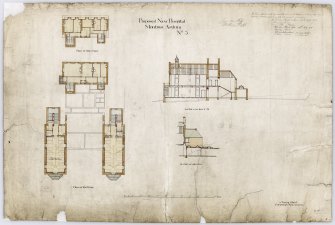Plan of attic and first floor. Section on line L.M. Section on line R.S.