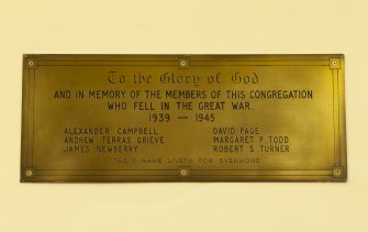 Interior. Detail of memorial plaque to members of the congregatiopn who fell in the Great War