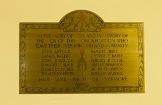 Interior. Detail of brass WW1 memorial plaque